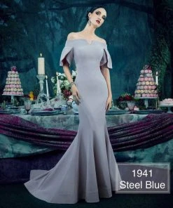 Janique - 1941 Notched Off Shoulder Ruffle Sleeve Evening Gown