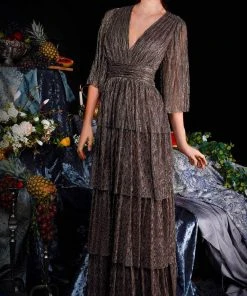 Janique 210722 - Quarter Length-Sleeve Plunging V-neck Evening Dress