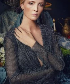 Janique 210922 - Long Sleeve Plunging V-neck Evening Dress