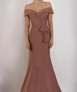 Janique - 2936 Shimmer Off Shoulder V Neck Trumpet Gown