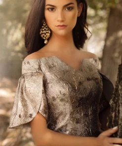 Janique 2941 - Off-shoulder Straight Across Neck Evening Dress