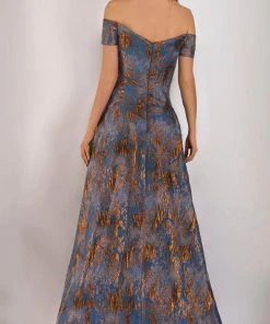 Janique - 5621 Off Shoulder Metallic Accented Jacquard Gown