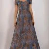 Janique - 5621 Off Shoulder Metallic Accented Jacquard Gown