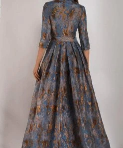 Janique - 71321 Cuffed Quarter Sleeve Button Down Jacquard Dress 6 Janique - 71321 Cuffed Quarter Sleeve Button Down Jacquard Dress