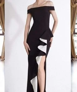 Janique - C1870 Ruffled Off-Shoulder Sheath Dress In Red 14 Janique - C1870 Ruffled Off-Shoulder Sheath Dress In Red