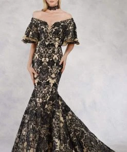 Janique - JA3013 Ornate Off Shoulder Butterfly Sleeve Mermaid Gown
