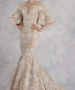 Janique - JA3013 Ornate Off Shoulder Butterfly Sleeve Mermaid Gown