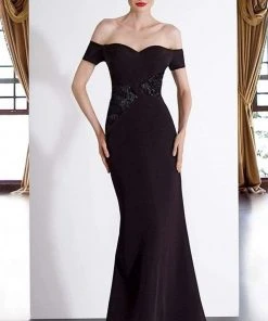 Janique - JA3026 Off-Shoulder Crepe Evening Dress In Black