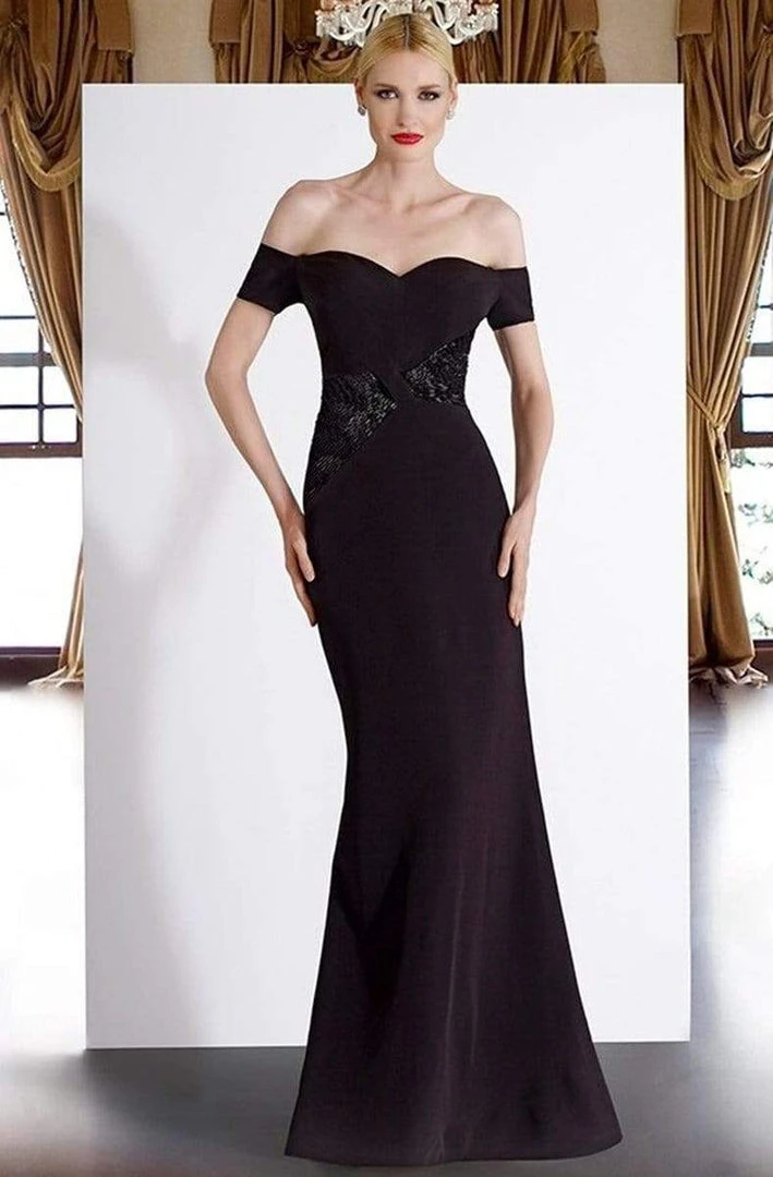 Janique - JA3026 Off-Shoulder Crepe Evening Dress In Navy 3 Janique - JA3026 Off-Shoulder Crepe Evening Dress In Navy