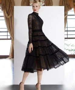 Janique - K6631 Lace Velvet High Neck Dress