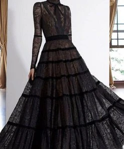 Janique - K7031 Long Sleeve High Neck Lace A-Line Gown