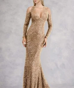 Janique - Sequined Long Sleeve V-neck Long Mermaid Gown K6576 11 Janique - Sequined Long Sleeve V-neck Long Mermaid Gown K6576