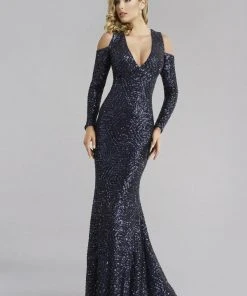 Janique - Sequined Long Sleeve V-neck Long Mermaid Gown K6576 9 Janique - Sequined Long Sleeve V-neck Long Mermaid Gown K6576