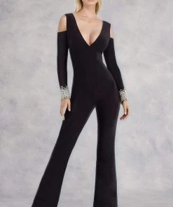 Janique - Sleek Pearl Embellished Long Sleeved Pantsuit K6583