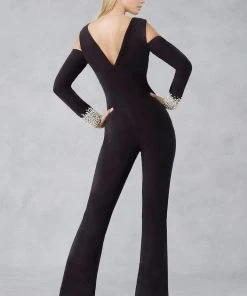 Janique - Sleek Pearl Embellished Long Sleeved Pantsuit K6583 6 Janique - Sleek Pearl Embellished Long Sleeved Pantsuit K6583