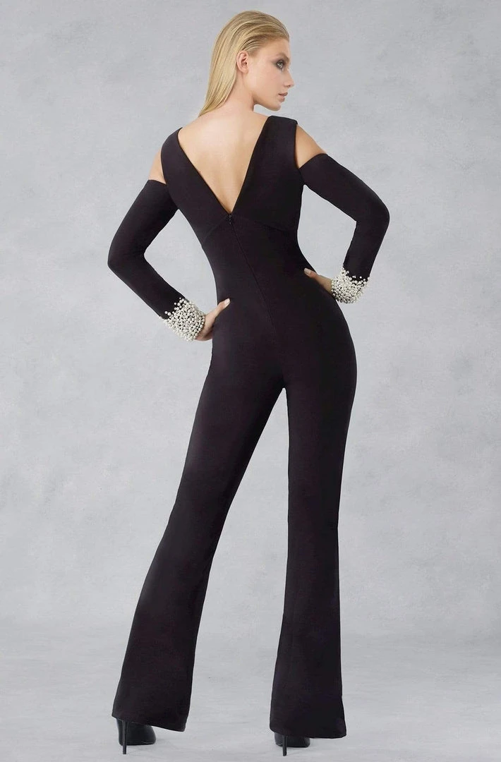 Janique - Sleek Pearl Embellished Long Sleeved Pantsuit K6583 4 Janique - Sleek Pearl Embellished Long Sleeved Pantsuit K6583