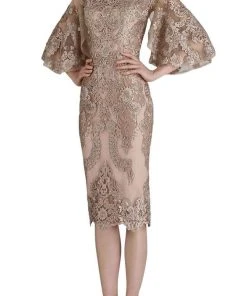 Janique - W2068 Quarter Tulip Sleeves Lace Appliqued Sheath Dress 10 Janique - W2068 Quarter Tulip Sleeves Lace Appliqued Sheath Dress
