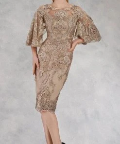 Janique - W2068 Quarter Tulip Sleeves Lace Appliqued Sheath Dress 12 Janique - W2068 Quarter Tulip Sleeves Lace Appliqued Sheath Dress