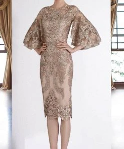 Janique - W2068 Quarter Tulip Sleeves Lace Appliqued Sheath Dress 13 Janique - W2068 Quarter Tulip Sleeves Lace Appliqued Sheath Dress
