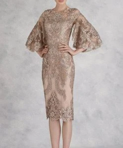 Janique - W2068 Quarter Tulip Sleeves Lace Appliqued Sheath Dress