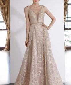 Janique - W2309 Beaded Lace A-Line Evening Gown