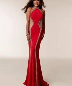 Jasz Couture - 6208 High Halter Contoured Jewel-Trimmed Panel Gown