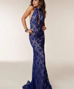 Jasz Couture - 6211 Beaded Lace Halter Sheath Dress