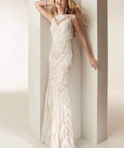 Jasz Couture - 6235 Illusion Bateau Intricate Sequined Sheath Gown