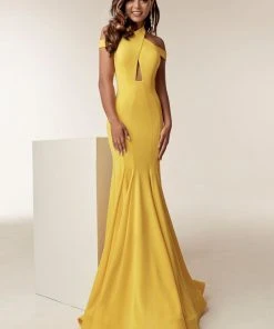 Jasz Couture - 6238 Crisscrossed Bodice High Neck Mermaid Gown