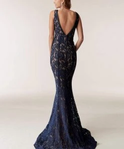 Jasz Couture - 6287 Beaded Lace Deep V-neck Sheath Dress