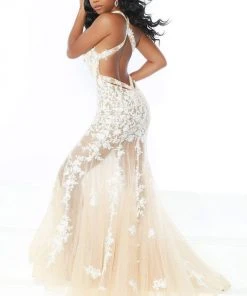 Jasz Couture - 6401 Beaded Lace Deep Halter V-neck Tulle Trumpet Dress