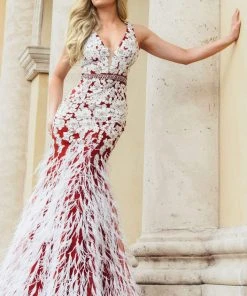 Jasz Couture - 7003 Floral Embroidered Deep V-neck Feathered Dress