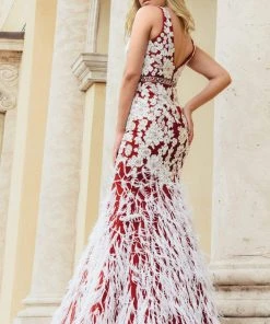 Jasz Couture - 7003 Floral Embroidered Deep V-neck Feathered Dress