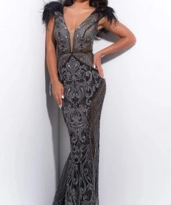 Jasz Couture - 7226 Feather Shoulder Beaded And Sequin Illusion Gown