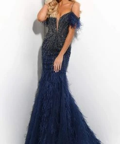 Jasz Couture - 7310 Embellished Feathered Trumpet Dress