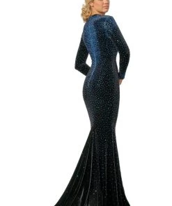 Johnathan Kayne - 2045 Embellished Long Sleeve V-neck Trumpet Dress