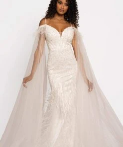 Johnathan Kayne - 2173 Beaded Sweetheart Feathered Trumpet Dress