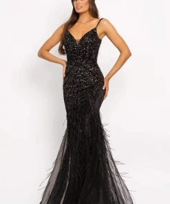 Johnathan Kayne - 2173 Beaded Sweetheart Feathered Trumpet Dress
