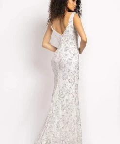 Johnathan Kayne - 2181 Lace Deep V-Neck Embellished High Slit Dress