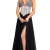 Johnathan Kayne - 2196 Embellished Deep V Neck A-line Gown With Slit