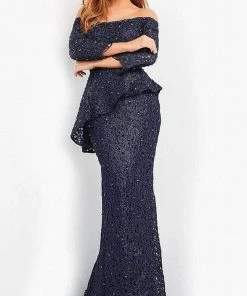 Jovani - 00455 Off Shoulder Textured Peplum Gown