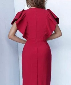 Jovani - 00759 Knee Length Ruffled Angel Sleeve Sheath Dress 6 Jovani - 00759 Knee Length Ruffled Angel Sleeve Sheath Dress