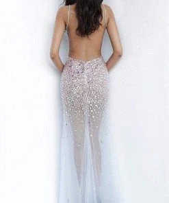 Jovani - 02047 Embellished Deep V-neck Sheer Fitted Dress