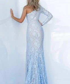 Jovani - 02168 Asymmetrical Beaded Lace Sheath Dress 8 Jovani - 02168 Asymmetrical Beaded Lace Sheath Dress
