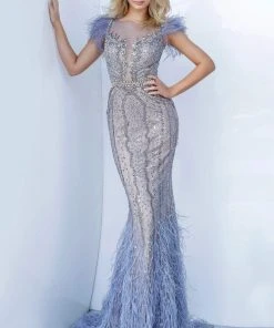 Jovani - 02326 Illusion Bejeweled Feather Sheath Dress 8 Jovani - 02326 Illusion Bejeweled Feather Sheath Dress