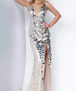 Jovani - 02479 Embellished Deep V-neck Sheath Dress