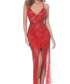 Jovani - 02498 Beaded Plunging V Neck Sheath Dress