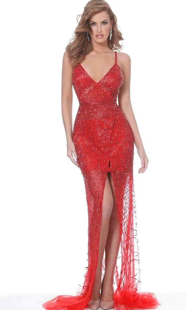 Jovani - 02498 Beaded Plunging V Neck Sheath Dress 6 Jovani - 02498 Beaded Plunging V Neck Sheath Dress