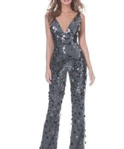 Jovani - 02507 Sexy V-Neck Glass Cut Jumpsuit