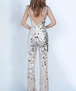 Jovani - 02507 Sexy V-Neck Glass Cut Jumpsuit